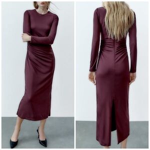 Zara Bodycon Ruched Draped High Neck Long Sleeve Plum Midi Stretch Dress